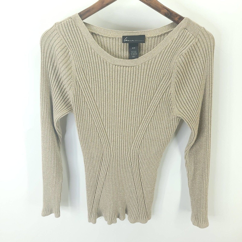 Lane Bryant Womens Beige Sparkle Round Neck Long Sleeve Ribbed Sweater Sz 18/20